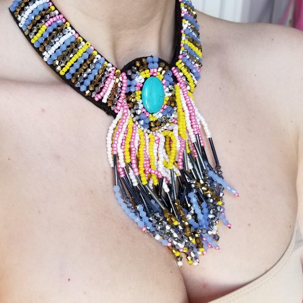 Multi colored Sand Beaded Tassel Necklace